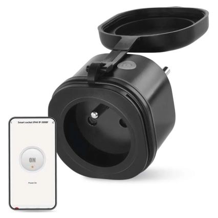 Inteligentná zásuvka IP44 IP-3008F je ovládaná mobilnou aplikáciou zobrazujúcou tlačidlo „ON“ s indikátorom zapnutia. Zásuvka má kryt a je umiestnená na bielom pozadí.