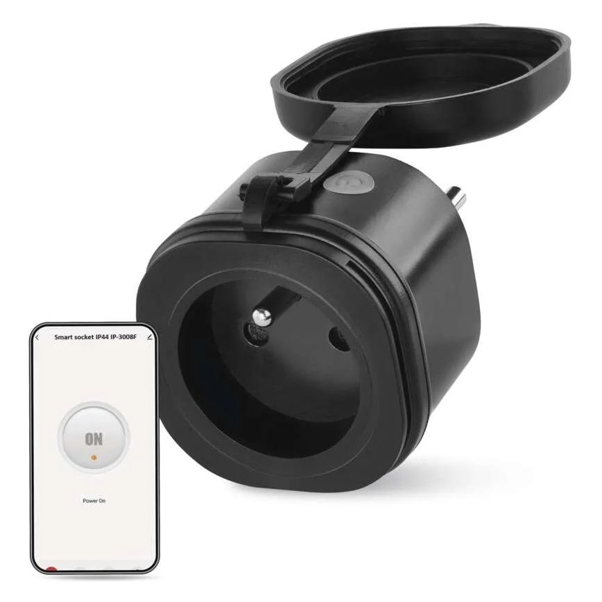 Inteligentná zásuvka IP44 IP-3008F je ovládaná mobilnou aplikáciou zobrazujúcou tlačidlo „ON“ s indikátorom zapnutia. Zásuvka má kryt a je umiestnená na bielom pozadí.