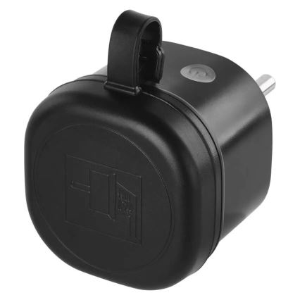 Čierny adaptér s vypínačom a úchytkou je umiestnený na bielom pozadí. Na zadnej strane je vyrazené logo.