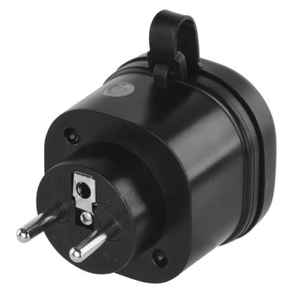 Čierny adaptér s dvojpinovým konektorom je zobrazený zozadu. Má ucho na zavesenie a viditeľné sú nápisy „16 A“ a „250 V“. Pozadí je biele.