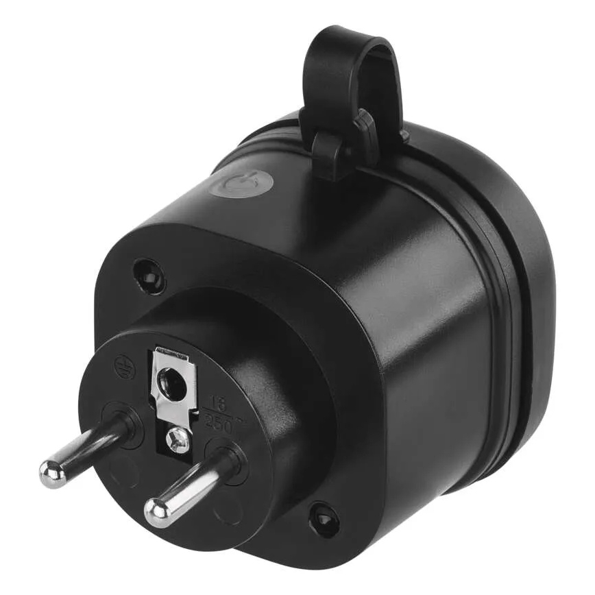 Čierny adaptér s dvojpinovým konektorom je zobrazený zozadu. Má ucho na zavesenie a viditeľné sú nápisy „16 A“ a „250 V“. Pozadí je biele.