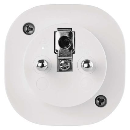 Biela zásuvka prijíma elektrickú zástrčku. Je štvorcového tvaru s dvoma kruhovými otvormi pre kolíky a je upevnená skrutkami.