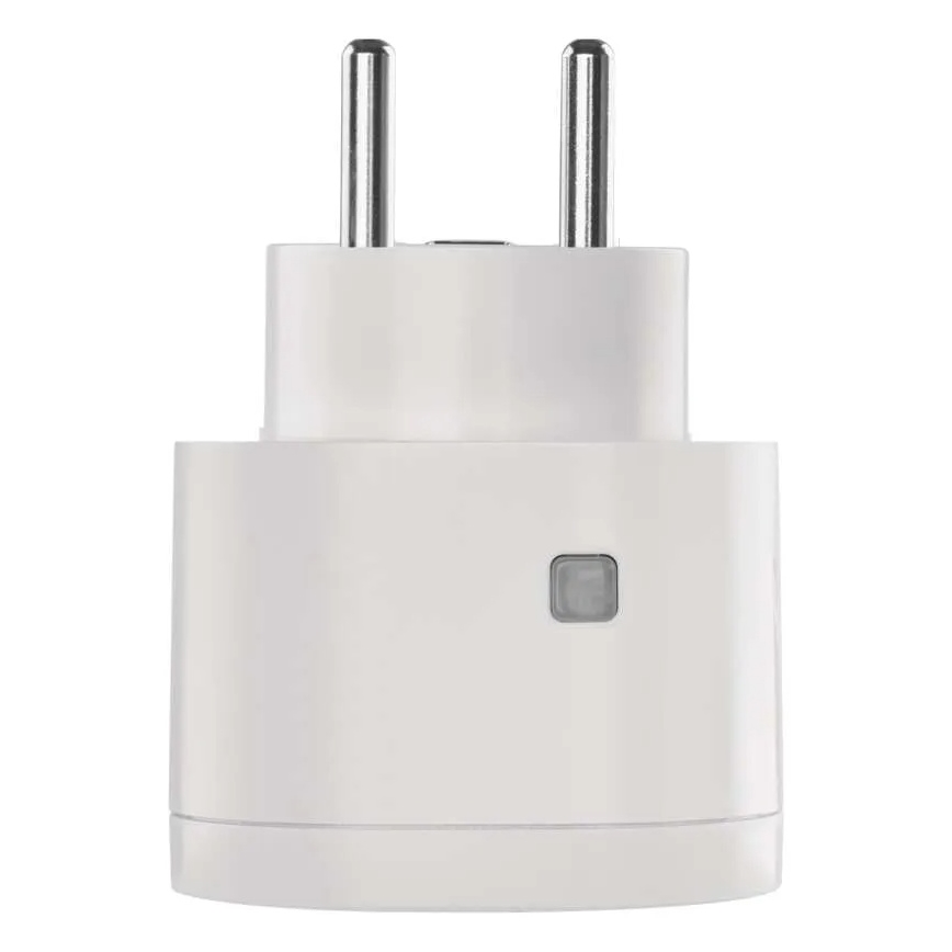 Biely sieťový adaptér s dvoma kolíkmi je zobrazený na bielom pozadí. Má malé štvorcové tlačidlo.