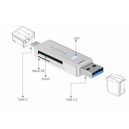 Čítačka kariet MicroSD SDXC MMC s konektorom USB-C + USB 3.0