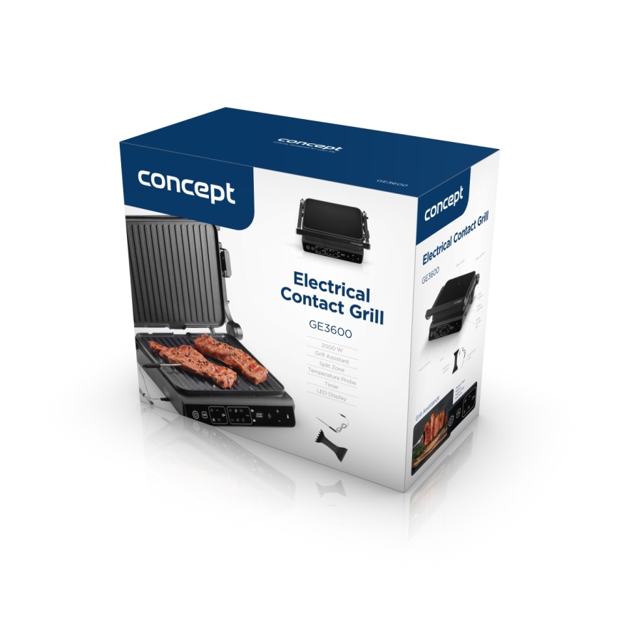 Concept ge3600 - Kontaktný gril s teplotnou sondou GLASS 2000W/230V čierny