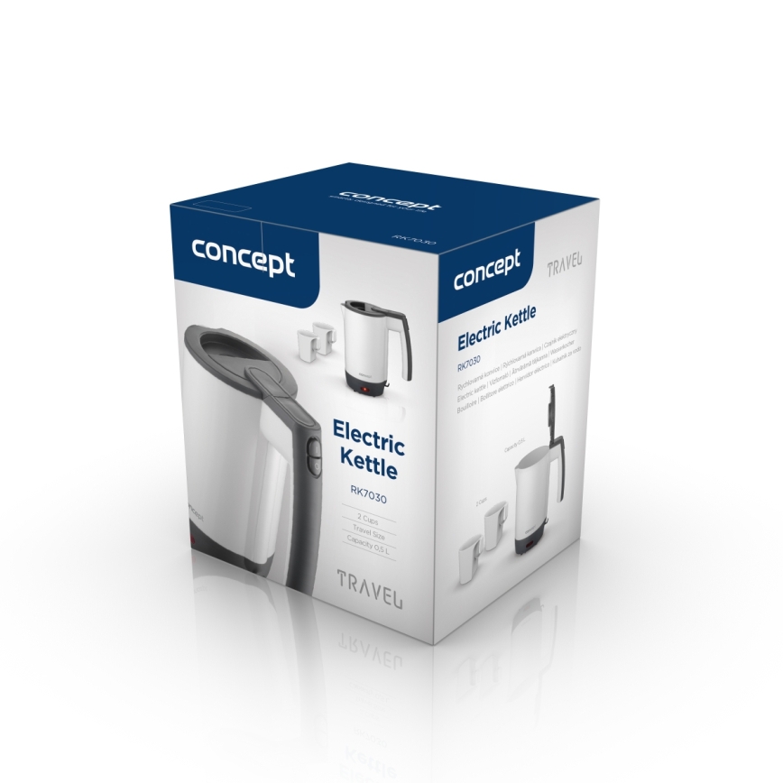Concept RK7030 - Cestovná rýchlovarná kanvica 0,5 l, 1080 W/230 V, sivá/biela + 2 šálky