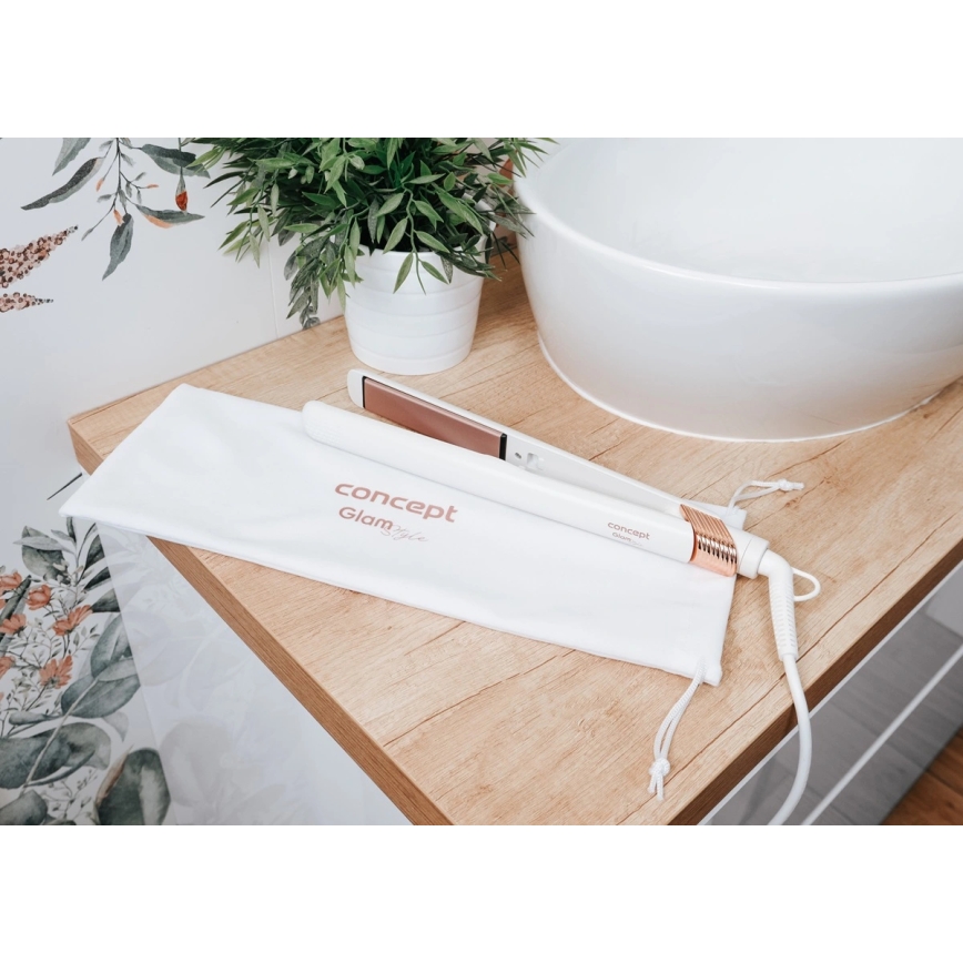 Concept VZ2110 - Žehlička na vlasy GLAM STYLE 48W/230V biela/ružovo-zlatá
