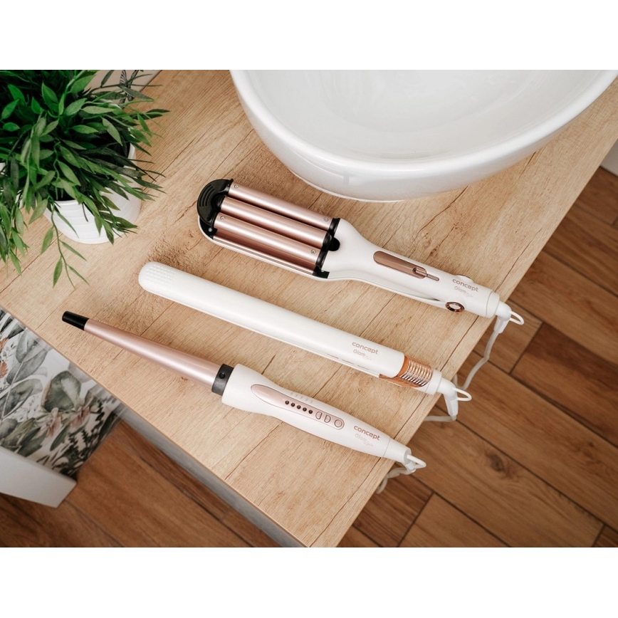 Concept VZ2110 - Žehlička na vlasy GLAM STYLE 48W/230V biela/ružovo-zlatá