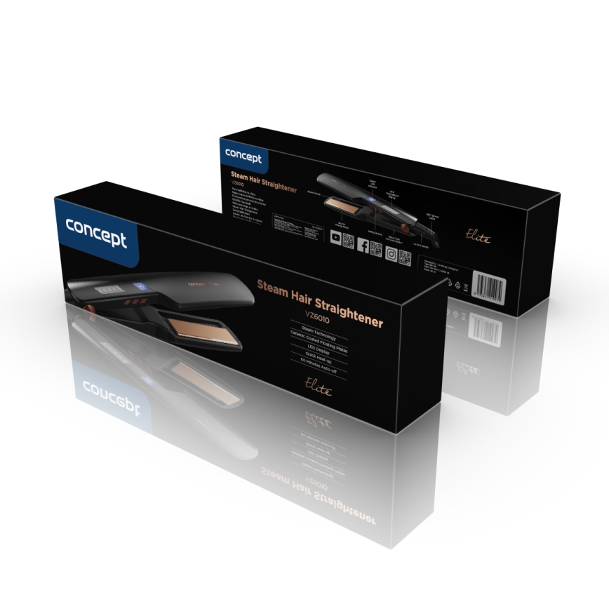 Concept VZ6010 - Parná žehlička na vlasy s LED displejom ELITE STEAM BOOST 54W/230V čierna