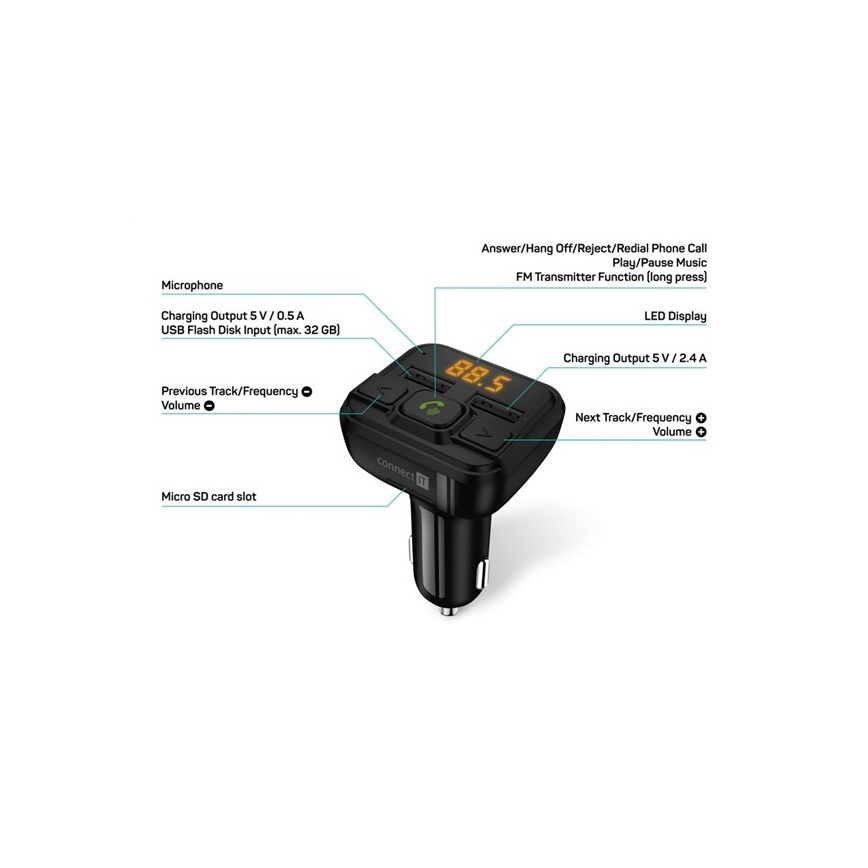 CONNECT IT CCC-8600-BK - FM vysielač do auta s funkciou handsfree čierna