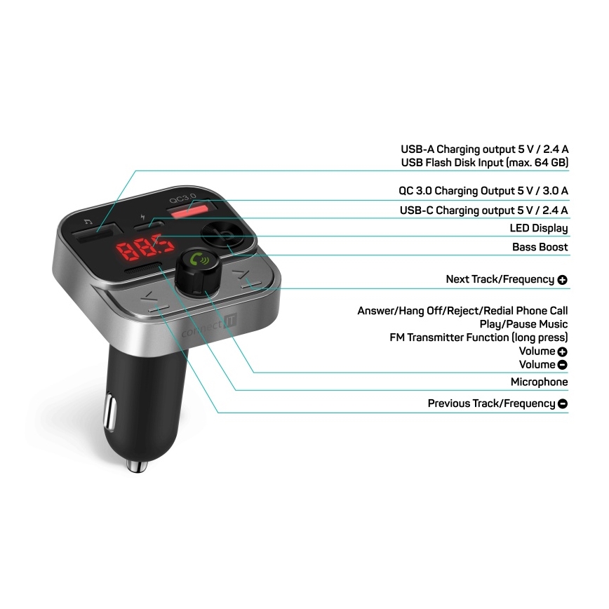 CONNECT IT CCC-8900-AN - FM vysielač do auta s funkciou handsfree čierna/strieborná