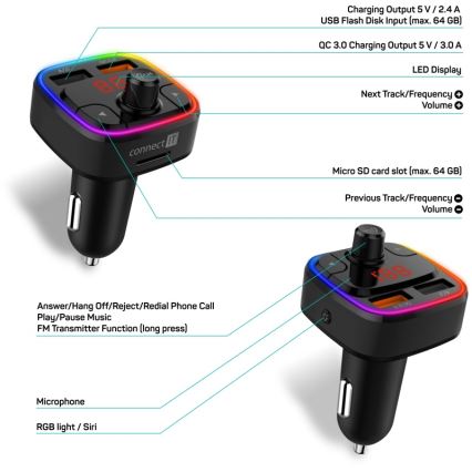 CONNECT IT CCC-9090-BK - LED RGB FM vysielač do auta s funkciou handsfree čierna