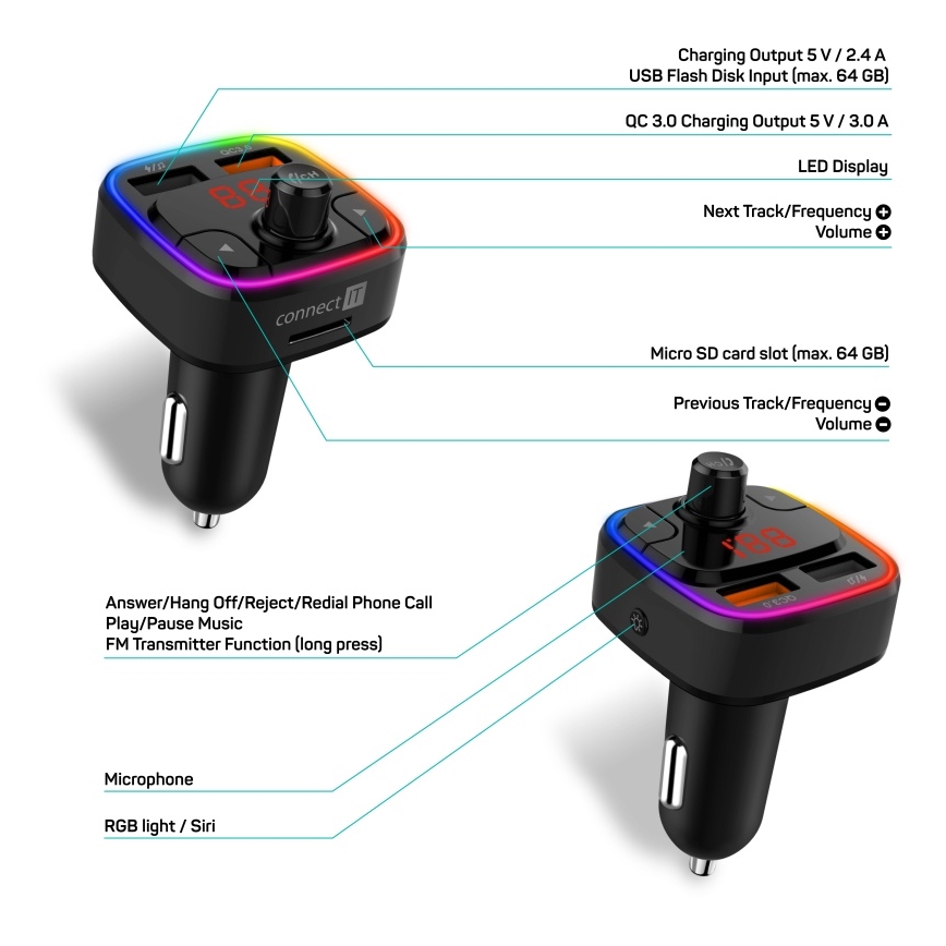 CONNECT IT CCC-9090-BK - LED RGB FM vysielač do auta s funkciou handsfree čierna