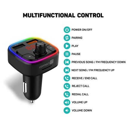 CONNECT IT CCC-9090-BK - LED RGB FM vysielač do auta s funkciou handsfree čierna