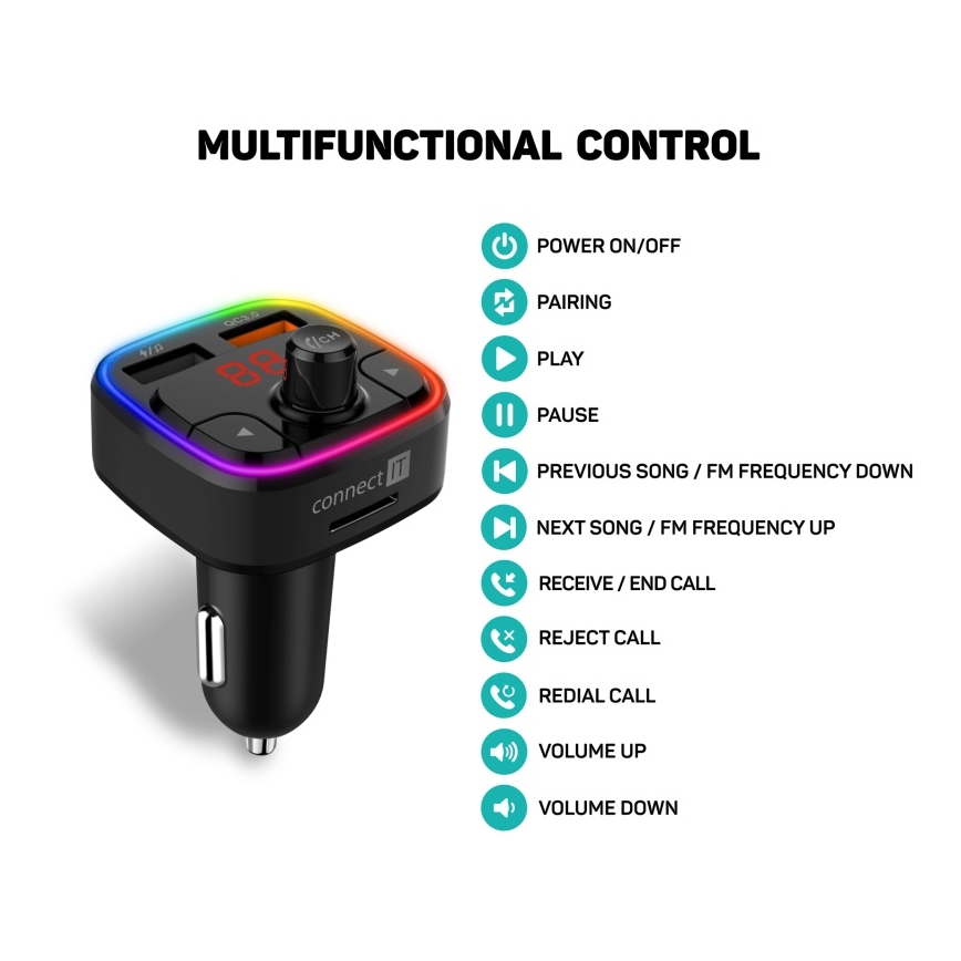 CONNECT IT CCC-9090-BK - LED RGB FM vysielač do auta s funkciou handsfree čierna