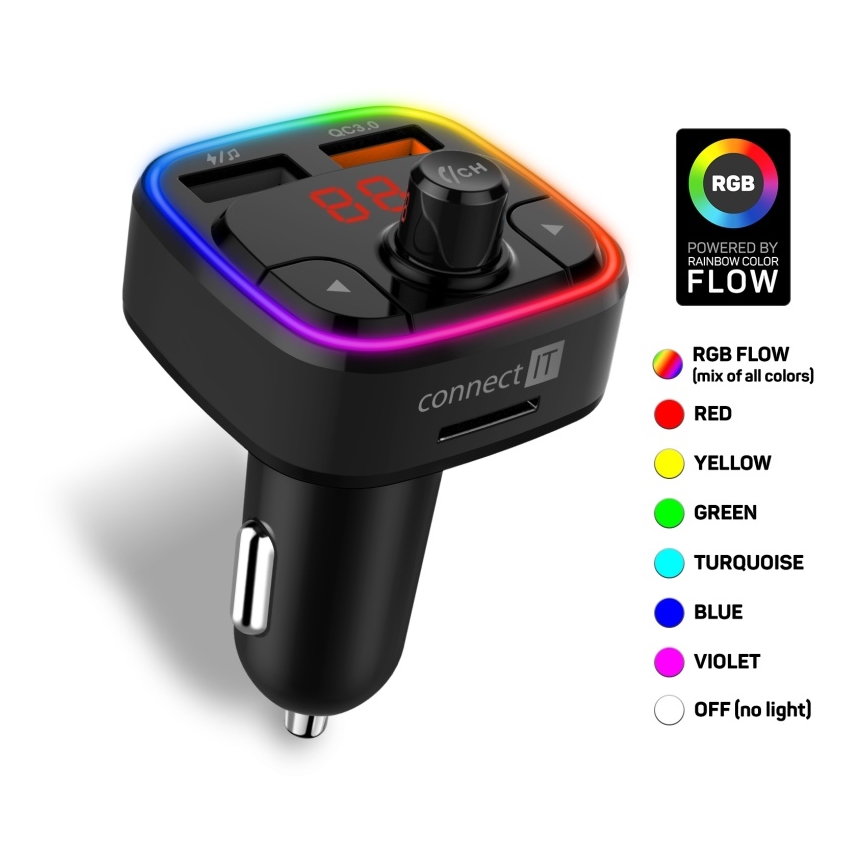 CONNECT IT CCC-9090-BK - LED RGB FM vysielač do auta s funkciou handsfree čierna