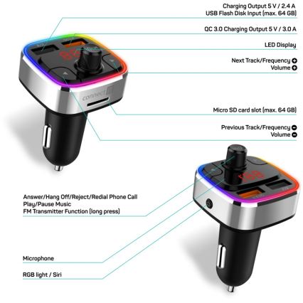CONNECT IT CCC-9090-SL - LED RGB FM vysielač do auta s funkciou handsfree čierna/strieborná