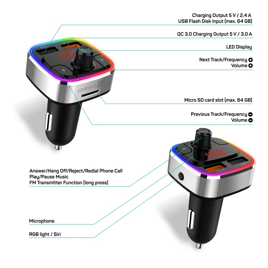 CONNECT IT CCC-9090-SL - LED RGB FM vysielač do auta s funkciou handsfree čierna/strieborná