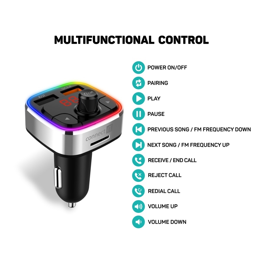 CONNECT IT CCC-9090-SL - LED RGB FM vysielač do auta s funkciou handsfree čierna/strieborná