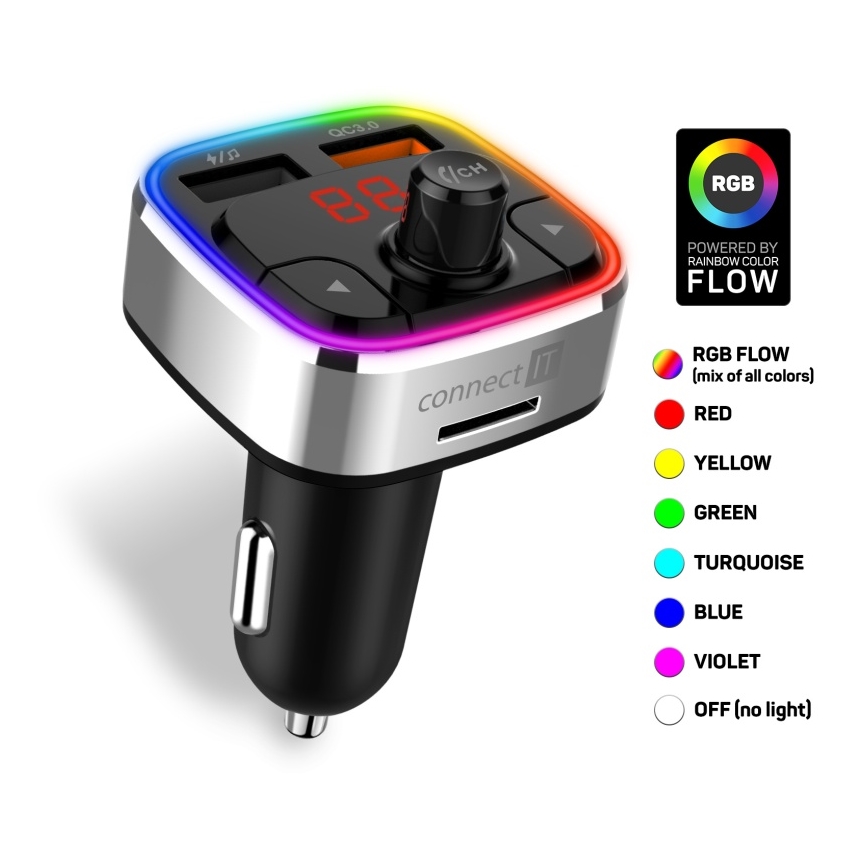 CONNECT IT CCC-9090-SL - LED RGB FM vysielač do auta s funkciou handsfree čierna/strieborná