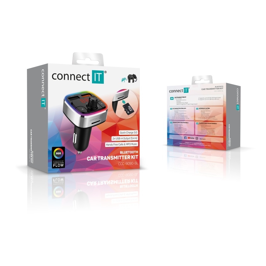 CONNECT IT CCC-9090-SL - LED RGB FM vysielač do auta s funkciou handsfree čierna/strieborná