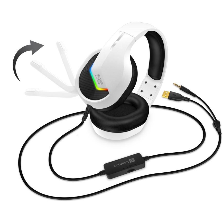 CONNECT IT CHP-3595-WH - LED RGB Herné káblové slúchadlá s mikrofónom biela/čierna