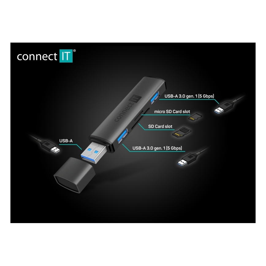 CONNECT IT CHU-4060-AN - USB-A hub s čítačkou pamäťových kariet 4v1