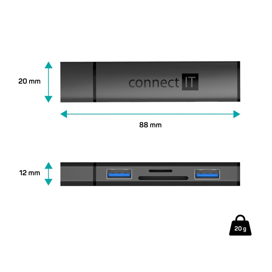 CONNECT IT CHU-4060-AN - USB-A hub s čítačkou pamäťových kariet 4v1