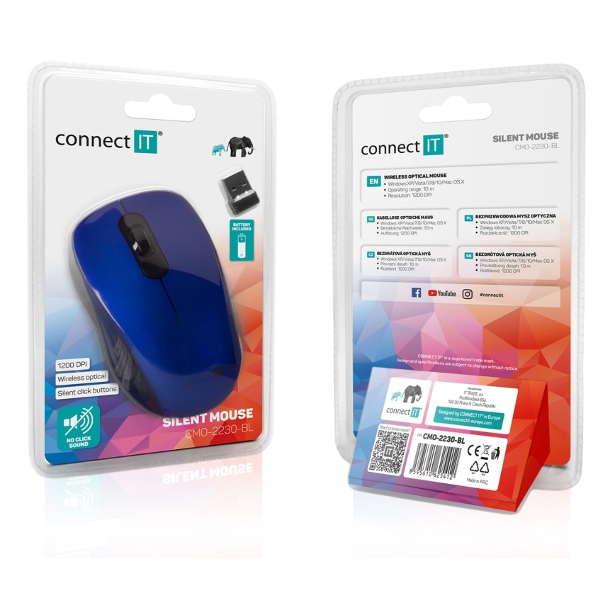 CONNECT IT CMO-2230-BL - Bezdrôtová tichá myš MUTE 1200 DPI 1xAA čierna/modrá