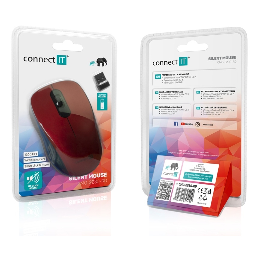 CONNECT IT CMO-2230-RD - Bezdrôtová tichá myš MUTE 1200 DPI 1xAA čierna/červená