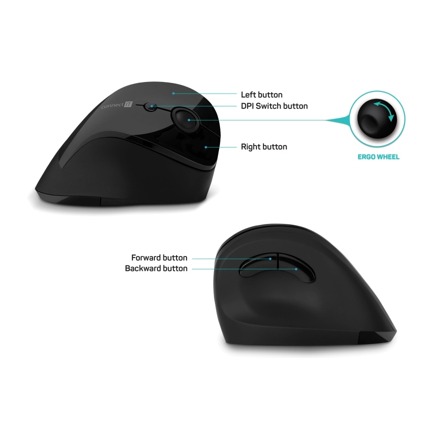 CONNECT IT CMO-2700-BK - Ergonomická bezdrôtová myš 800/1200/1600 DPI 1xAA čierna