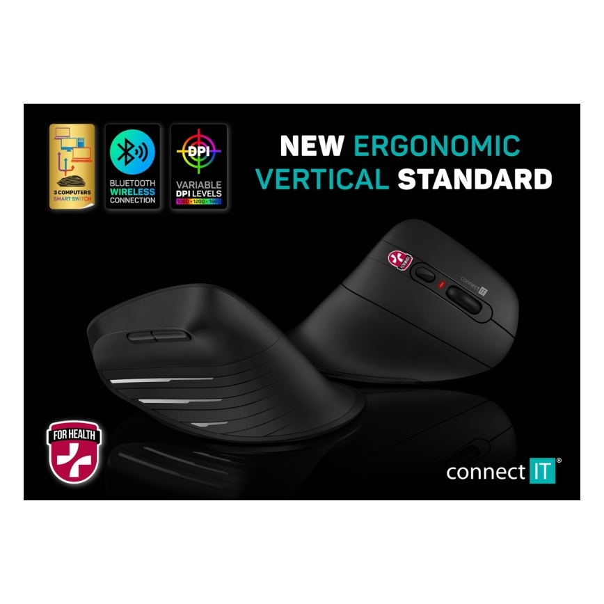 CONNECT IT CMO-2880-BK - Ergonomická bezdrôtová myš Verti TriMode 1000/1600/2400 DPI 2xAAA čierna