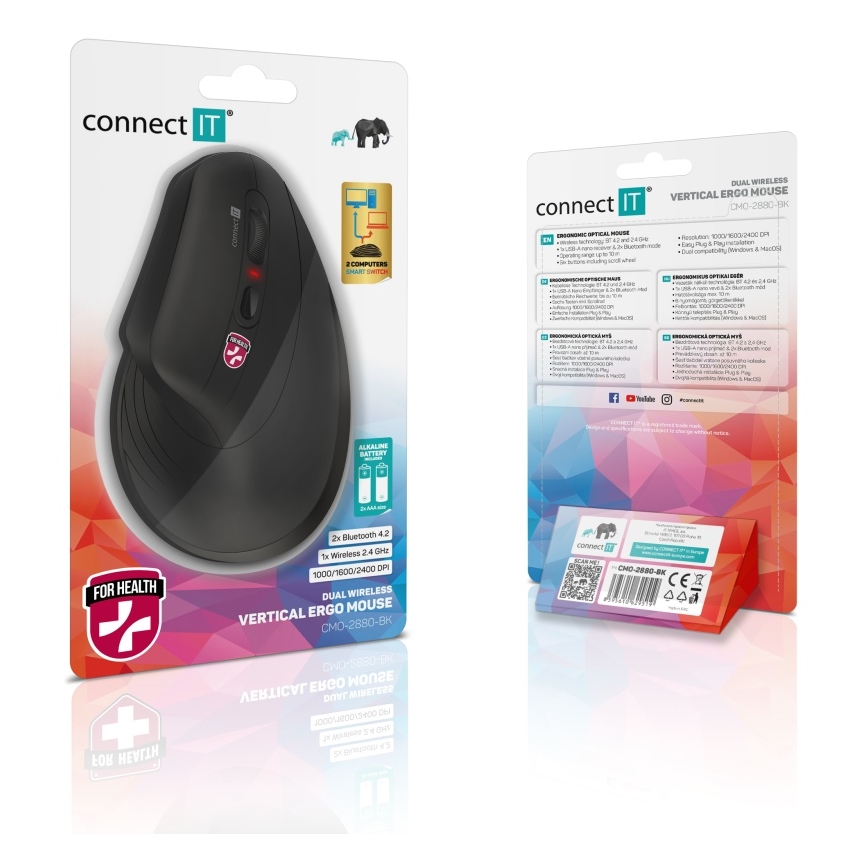 CONNECT IT CMO-2880-BK - Ergonomická bezdrôtová myš Verti TriMode 1000/1600/2400 DPI 2xAAA čierna