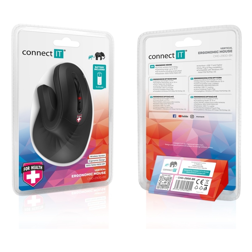 CONNECT IT CMO-2900-BK - Ergonomická bezdrôtová myš 800/1200/1600 DPI 1xAA čierna