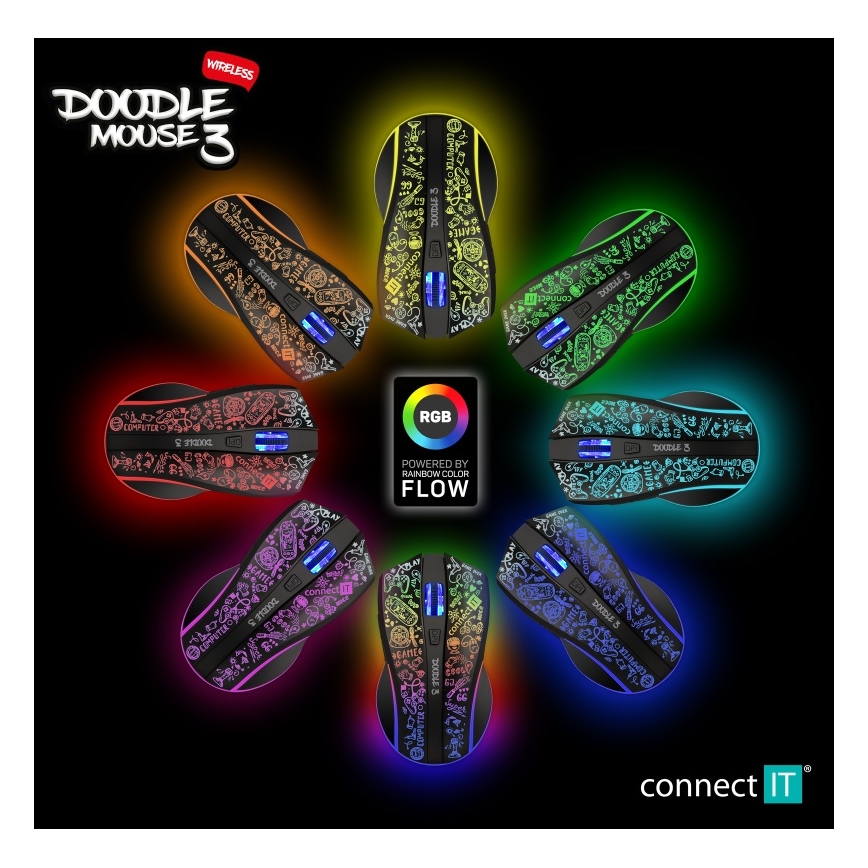 CONNECT IT CMO-3530-DD - LED RGB Bezdrôtová nabíjacia herná myš 800/1200/1600/2400/4800 DPI 600 mAh čierna