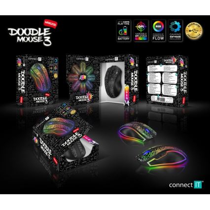 CONNECT IT CMO-3530-DD - LED RGB Bezdrôtová nabíjacia herná myš 800/1200/1600/2400/4800 DPI 600 mAh čierna