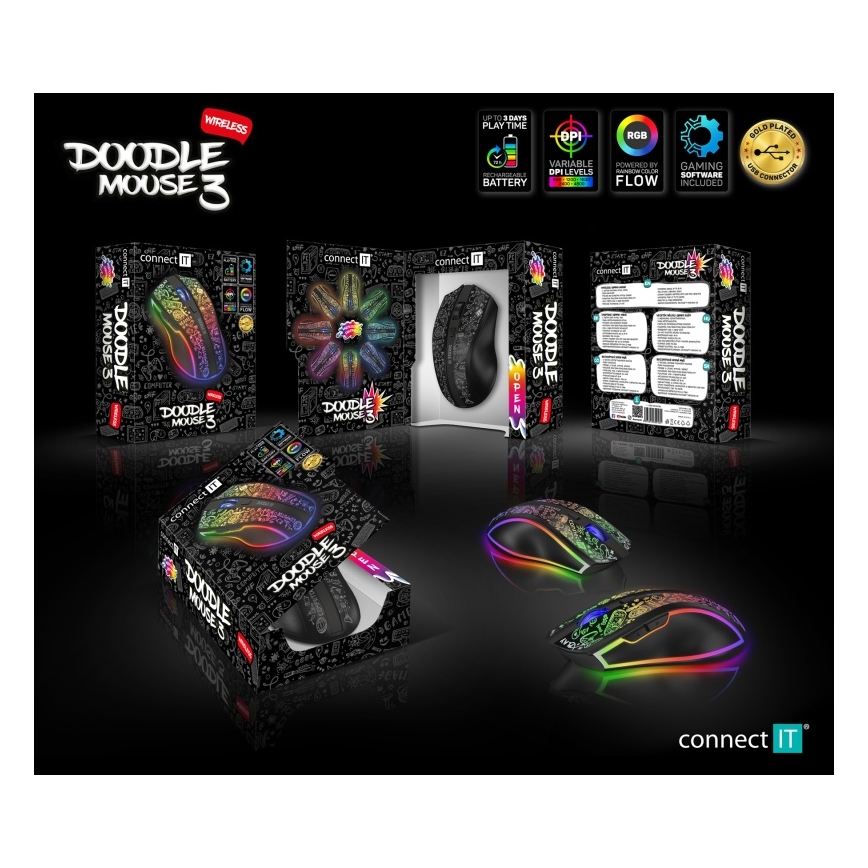 CONNECT IT CMO-3530-DD - LED RGB Bezdrôtová nabíjacia herná myš 800/1200/1600/2400/4800 DPI 600 mAh čierna