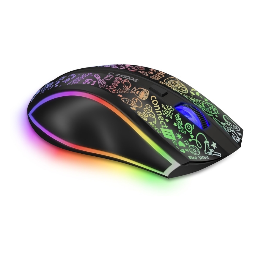 CONNECT IT CMO-3530-DD - LED RGB Bezdrôtová nabíjacia herná myš 800/1200/1600/2400/4800 DPI 600 mAh čierna