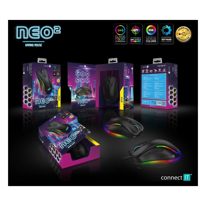 CONNECT IT CMO-3589-BK - LED RGB Káblová herná myš 200-7200 DPI čierna