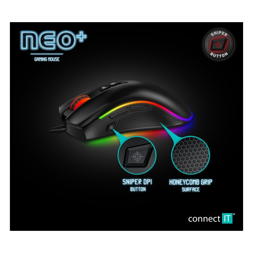 CONNECT IT CMO-3591-BK - LED RGB Káblová herná myš 500-7200 DPI čierna