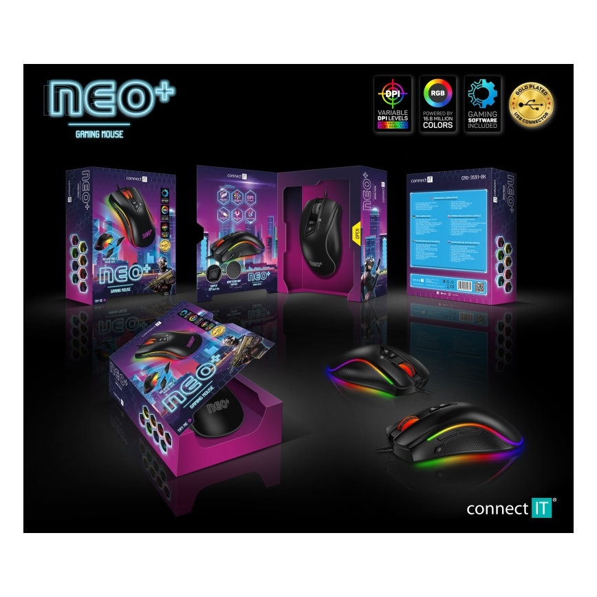 CONNECT IT CMO-3591-BK - LED RGB Káblová herná myš 500-7200 DPI čierna