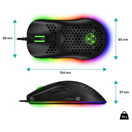 CONNECT IT CMO-5511-BK - LED RGB Káblová herná myš 200-12800 DPI čierna