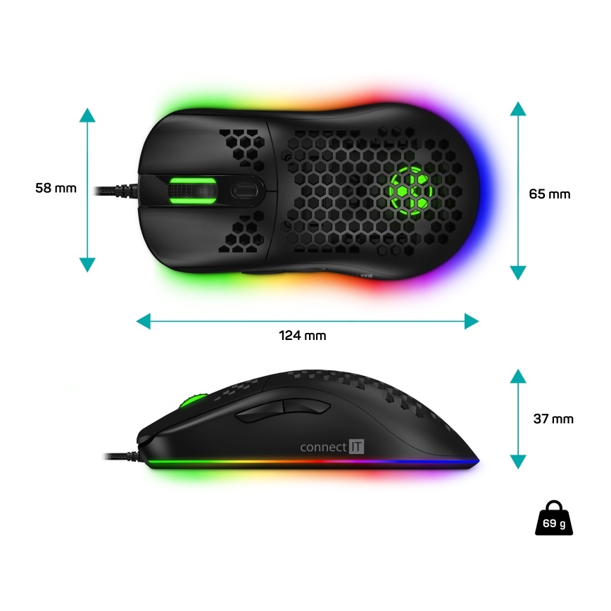 CONNECT IT CMO-5511-BK - LED RGB Káblová herná myš 200-12800 DPI čierna