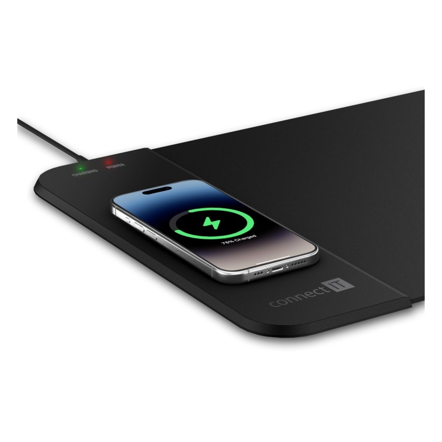 CONNECT IT CMP-2500-LG - Podložka pod klávesnicu a myš s Qi bezdrôtovým nabíjaním 80x30 cm čierna
