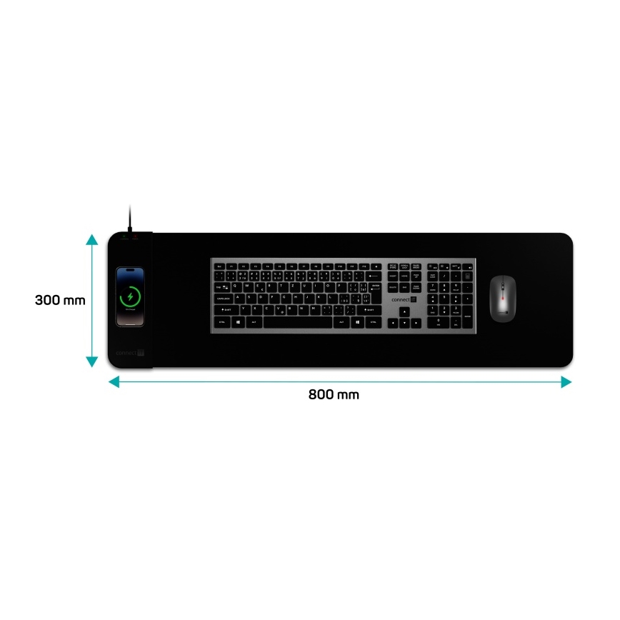 CONNECT IT CMP-2500-LG - Podložka pod klávesnicu a myš s Qi bezdrôtovým nabíjaním 80x30 cm čierna