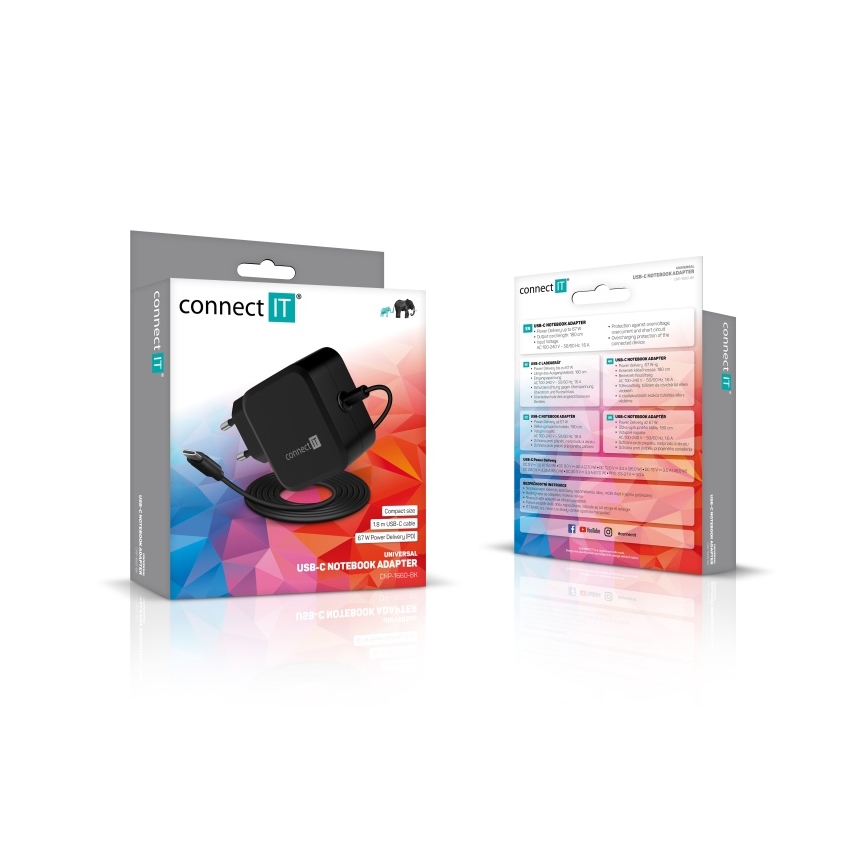 CONNECT IT CNP-1660-BK - Univerzálny napájací adaptér pre notebooky USB-C 67W