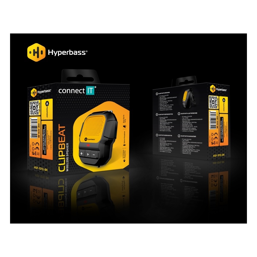 CONNECT IT HSP-1010-BK - Bezdrôtový reproduktor s mikrofónom ClipBEAT 2W/5V 560 mAh IPX7 čierna/žltá