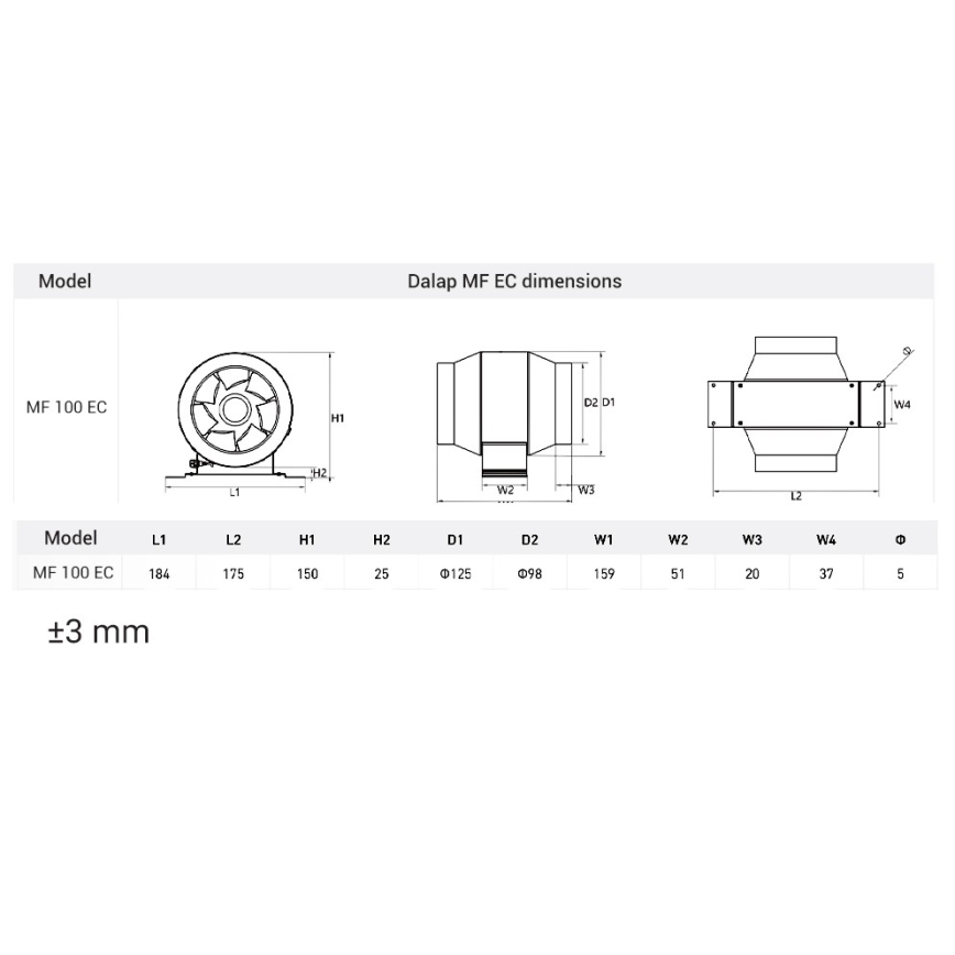 Dalap 24MF100 - Potrubný ventilátor s úsporným motorom a regulátorom otáčok MF 100 EC 18W/230V