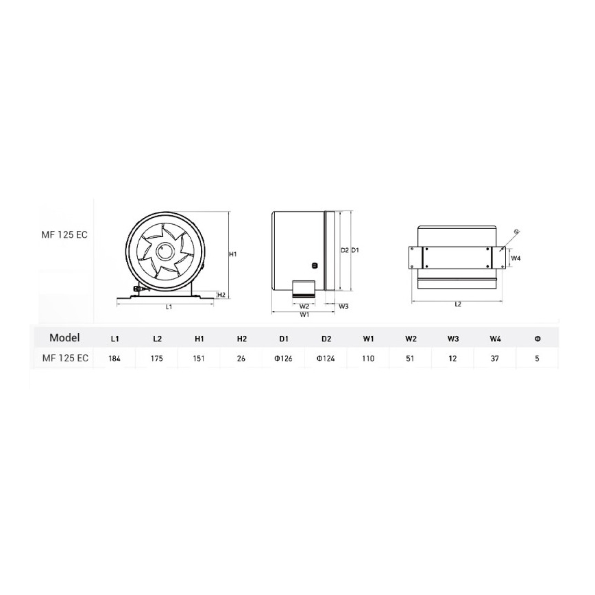 Dalap 24MF125 - Potrubný ventilátor s úsporným motorom a regulátorom otáčok MF 125 EC 20W/230V