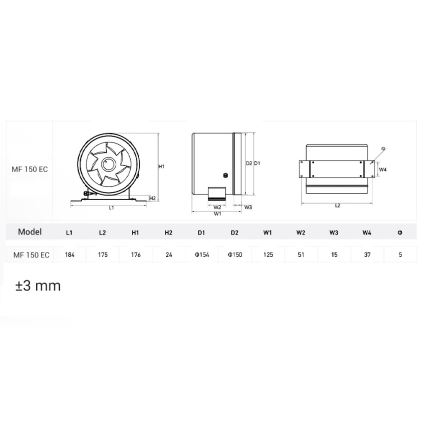 Dalap 24MF150 - Potrubný ventilátor s úsporným motorom a regulátorom otáčok MF 150 EC 40W/230V